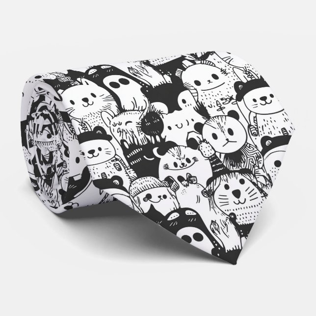 Cute Kawaii Animal Doodle Pattern (1) Tie (Rolled)
