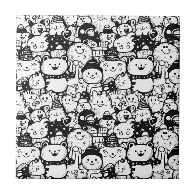 Cute Kawaii Animal Doodle Pattern (2) Ceramic Tile (Front)