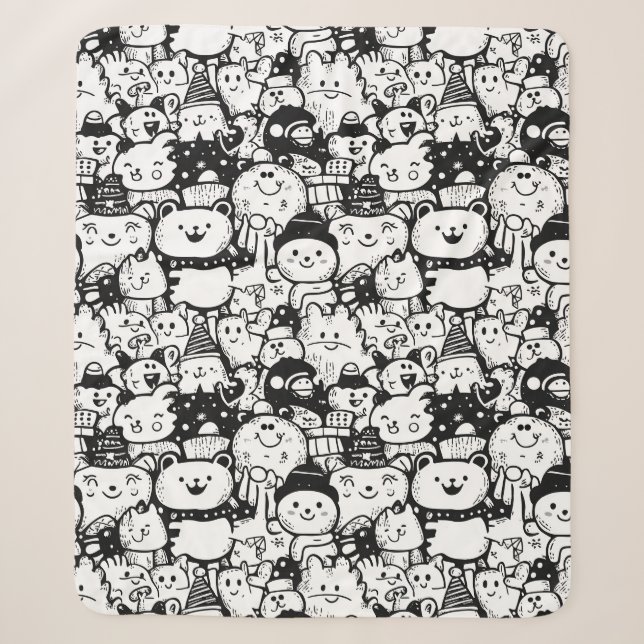 Cute Kawaii Animal Doodle Pattern (2) Sherpa Blanket (Front)
