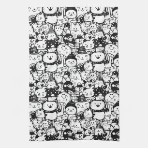 Cute Kawaii Animal Doodle Pattern (2) Tea Towel