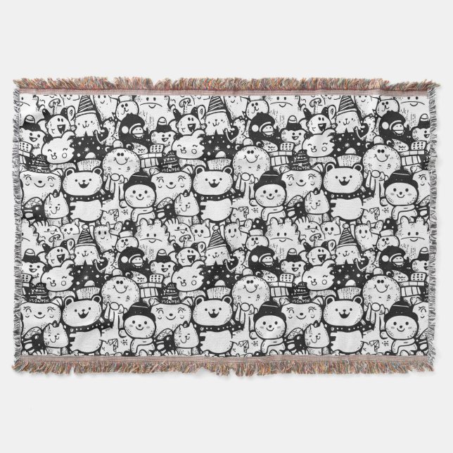 Cute Kawaii Animal Doodle Pattern (2) Throw Blanket (Front)