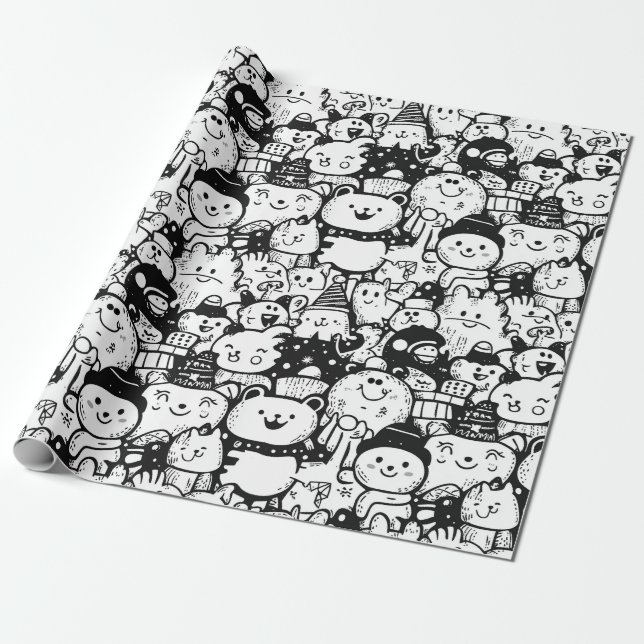 Cute Kawaii Animal Doodle Pattern (2) Wrapping Paper (Unrolled)