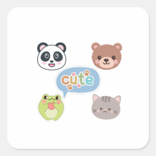 Cute Kawaii Animal Faces Adorable Cartoon Design Square Sticker