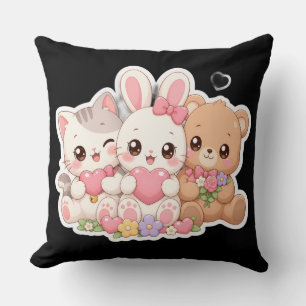 Cute Kawaii Animal Friends Hearts Flowers Pastel T Cushion