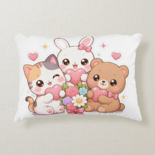 Cute Kawaii Animal Friends Hearts & Flowers Pillow