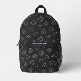 Cute Kawaii Animal Line Art Custom Name Black Printed Backpack