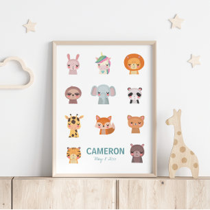 Cute Kawaii Animals Personalized Name Kids Room Poster