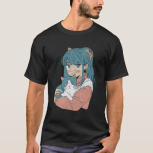 Cute Kawaii Anime Girl With Cat Kitty Manga Japan  T-Shirt
