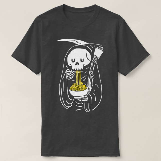 Cute Kawaii Anime Skeleton Eating Ramen Noodles Ja T-Shirt (Design Front)