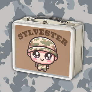 Cute Kawaii Army Camouflage Monogram on Brown   Metal Lunch Box