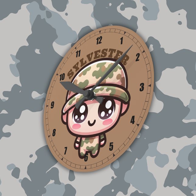 Cute Kawaii Army Camouflage Monogram on Brown | Round Clock (Creator Uploaded)