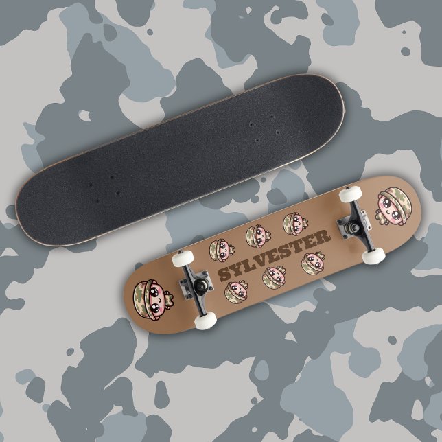 Cute Kawaii Army Camouflage Monogram on Brown | Skateboard (Creator Uploaded)