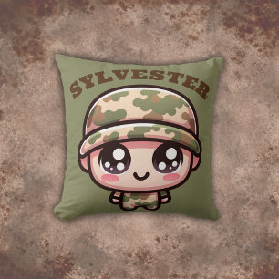 Cute Kawaii Army Camouflage Monogram on Green Cushion