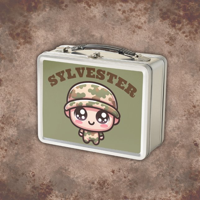 Cute Kawaii Army Camouflage Monogram on Green | Metal Lunch Box (Creator Uploaded)