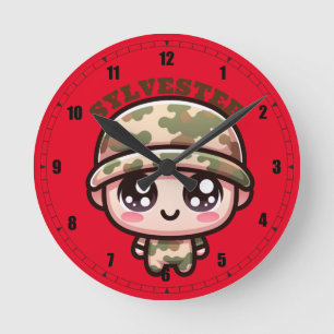 Cute Kawaii Army Camouflage Monogram on Red   Round Clock