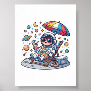 Cute Kawaii Astronaut Summer Beach Space TrSticker Poster