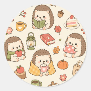 Cute Kawaii Autumn Hedgehog Pattern Cozy Woodlan Classic Round Sticker