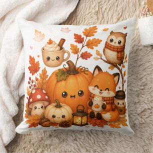 Cute Kawaii Autumn Pumpkin Fox Owl Fall Animals  Cushion