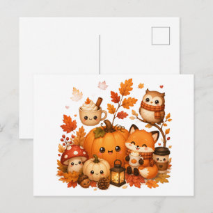 Cute Kawaii Autumn Pumpkin Fox Owl Fall Animals Postcard