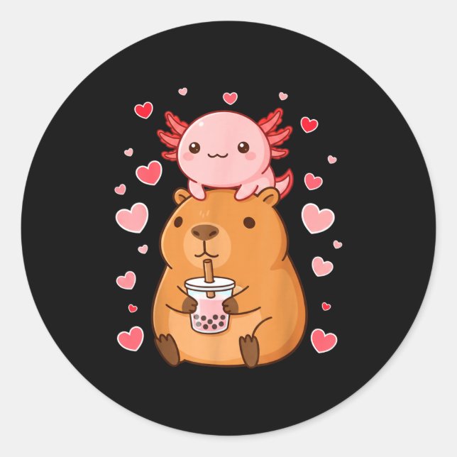 Cute Kawaii Axolotl Capybara Bubble Tea Boys Girls Classic Round Sticker (Front)