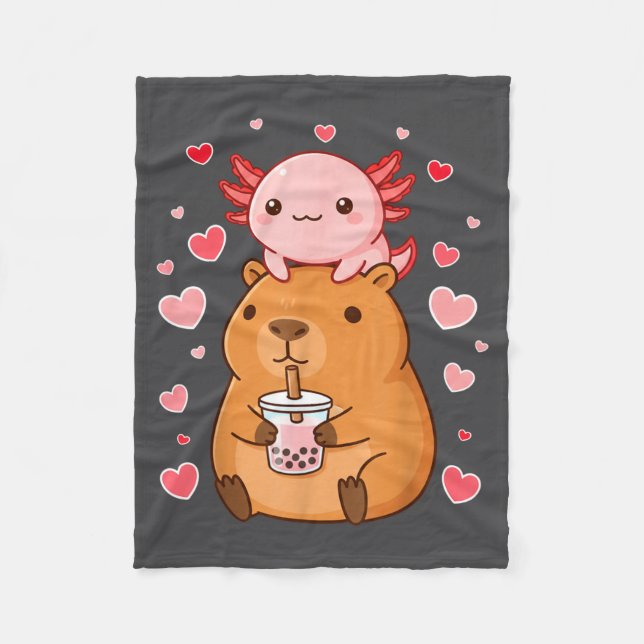 Cute Kawaii Axolotl Capybara Bubble Tea Boys Girls Fleece Blanket (Front)