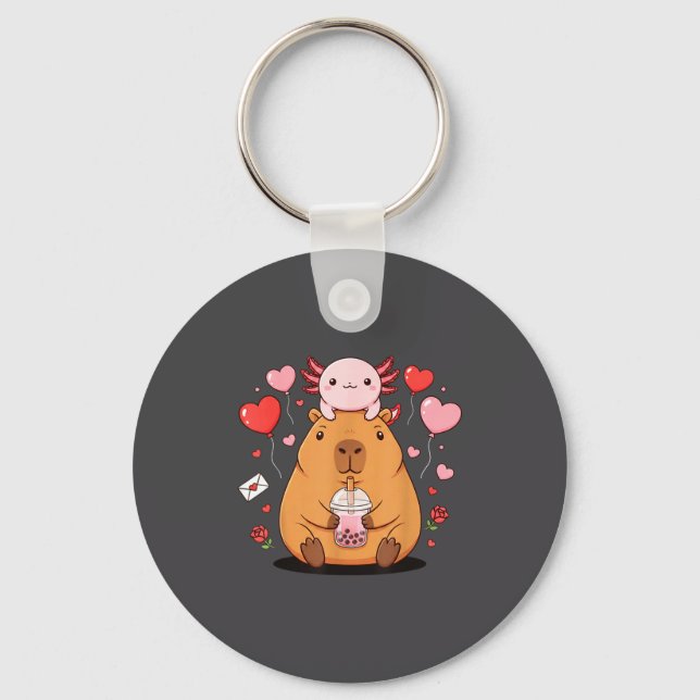 Cute Kawaii Axolotl Capybara Bubble Tea Boys Girls Key Ring (Front)