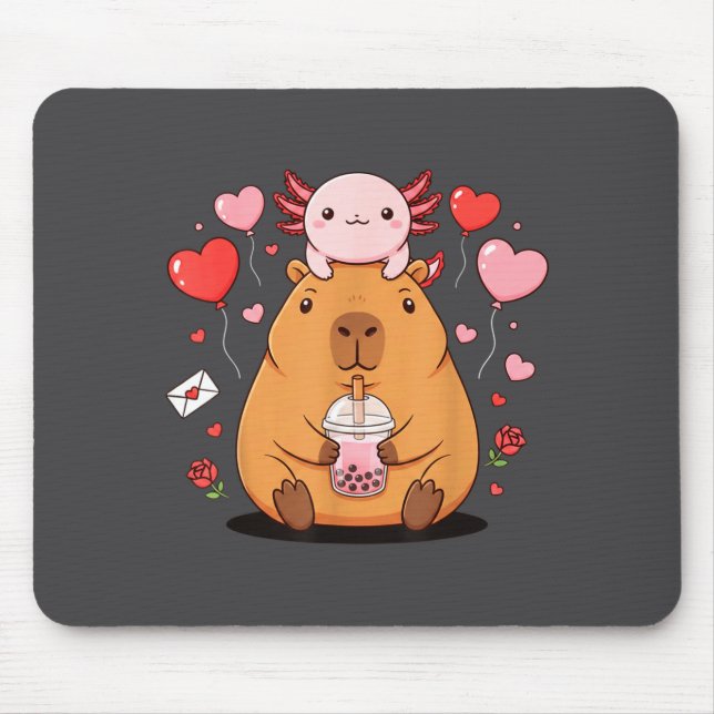 Cute Kawaii Axolotl Capybara Bubble Tea Boys Girls Mouse Pad (Front)