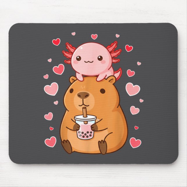 Cute Kawaii Axolotl Capybara Bubble Tea Boys Girls Mouse Pad (Front)
