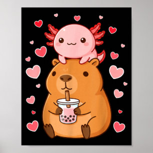 Cute Kawaii Axolotl Capybara Bubble Tea Boys Girls Poster