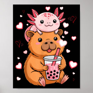 Cute Kawaii Axolotl Capybara Bubble Tea Boys Girls Poster