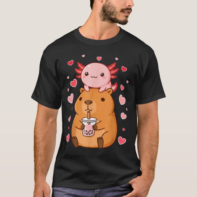 Cute Kawaii Axolotl Capybara Bubble Tea Boys Girls T-Shirt (Front)