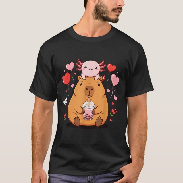 Cute Kawaii Axolotl Capybara Bubble Tea Boys Girls T-Shirt (Front)
