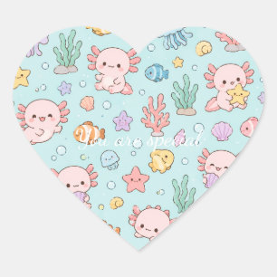 Cute Kawaii Axolotl Pattern   Pink Pastel Vibes Heart Sticker