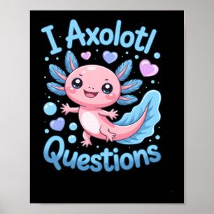 Cute Kawaii Axolotl Questions Blue And Pink Poster
