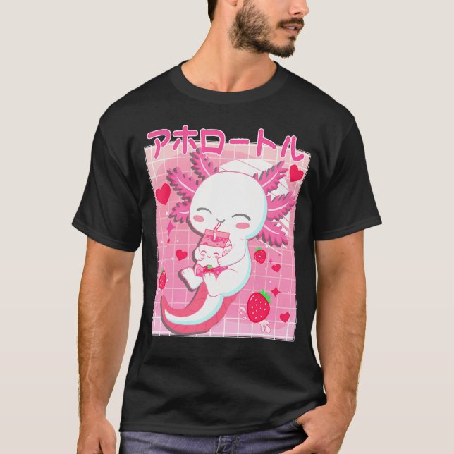 Cute Kawaii Axolotl Strawberry Milk Japanese Anime T-Shirt (Front)