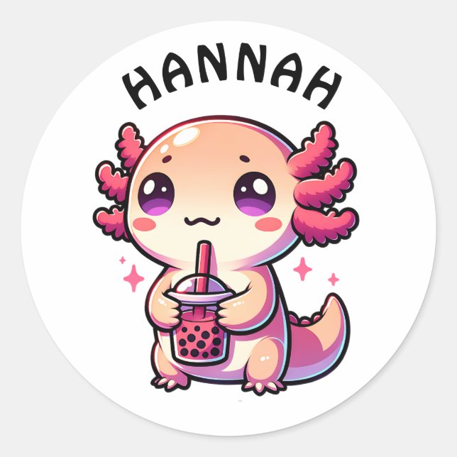Cute Kawaii Axolotl with Bubble Tea Personalised Classic Round Sticker (Front)
