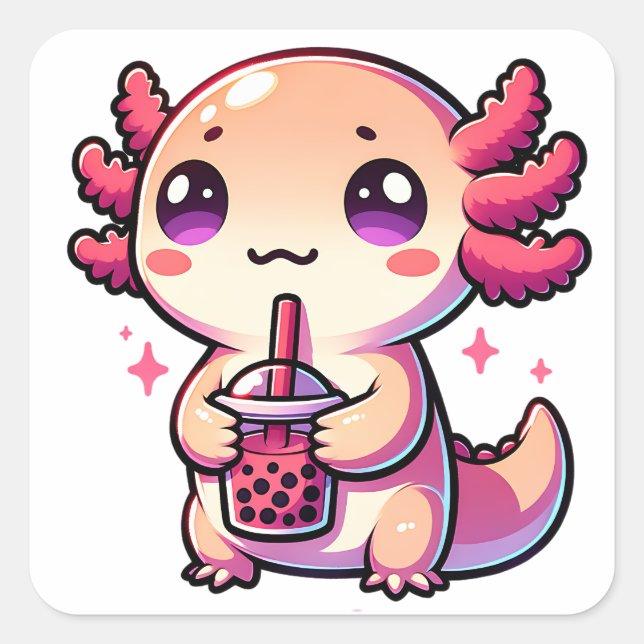 Cute Kawaii Axolotl with Bubble Tea Square Sticker (Front)