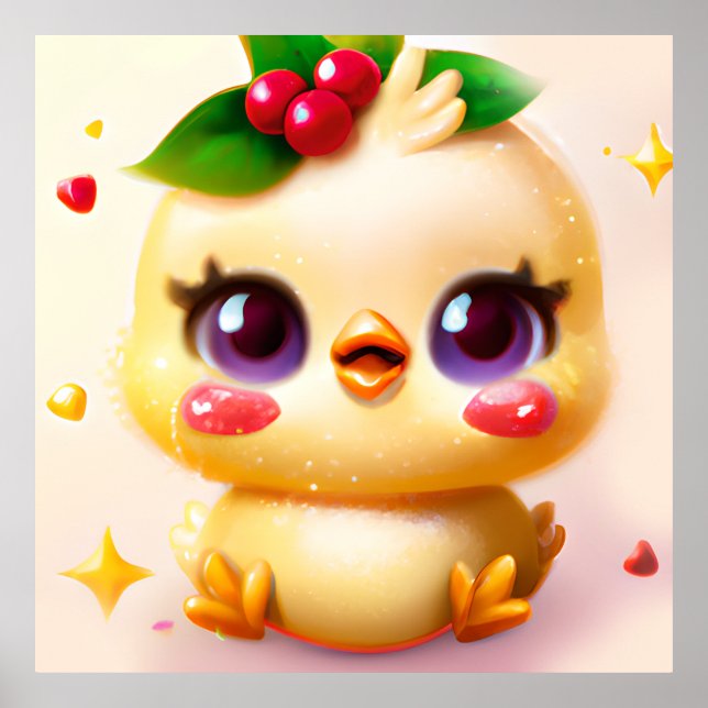 Cute Kawaii Baby Chicken with Holly Poster (Front)