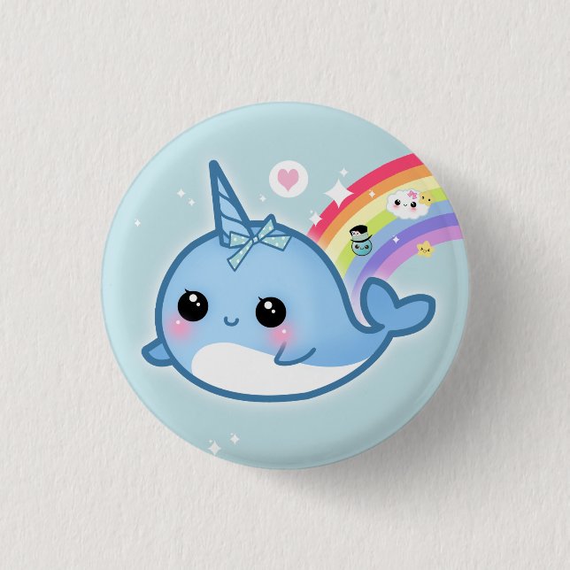 Cute kawaii baby narwhal with rainbow 3 cm round badge (Front)