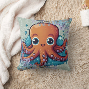 Cute Kawaii Baby Orange Octopus Print Cushion