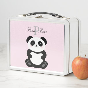 Cute Kawaii Baby Panda Bear Whimsical Monogram Metal Lunch Box