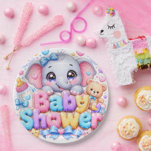 Cute Kawaii Baby Shower Elephant Pastel Pink Teddy Paper Plate
