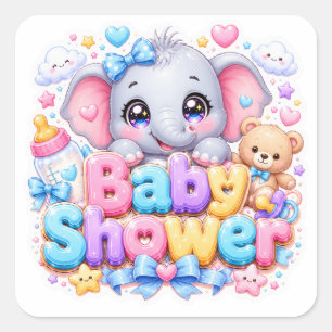 Cute Kawaii Baby Shower Elephant Pastel Pink Teddy Square Sticker