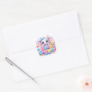 Cute Kawaii Baby Shower Elephant Pastel Pink Teddy Square Sticker