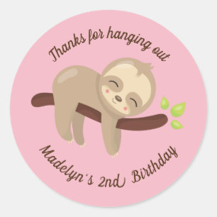Cute Kawaii Baby Sloth in Tree on Pink Birthday Classic Round Sticker