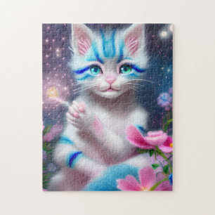 Cute Kawaii baby striped pink and blue cat kitten  Jigsaw Puzzle