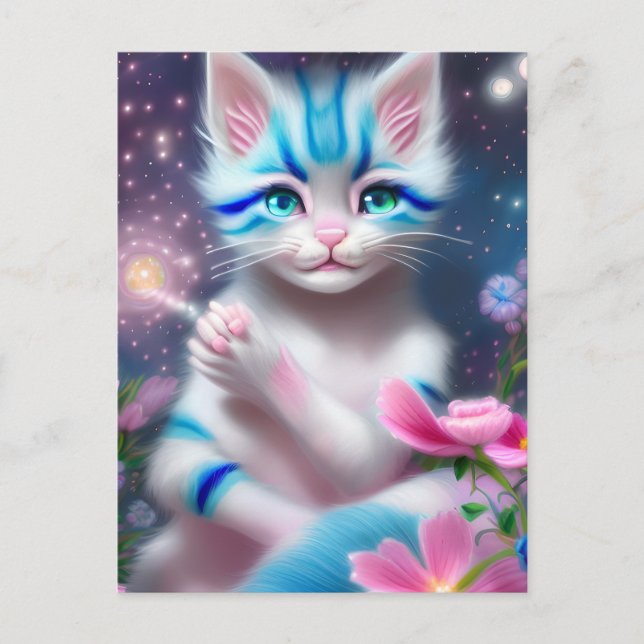 Cute Kawaii baby striped pink and blue cat kitten Postcard (Front)