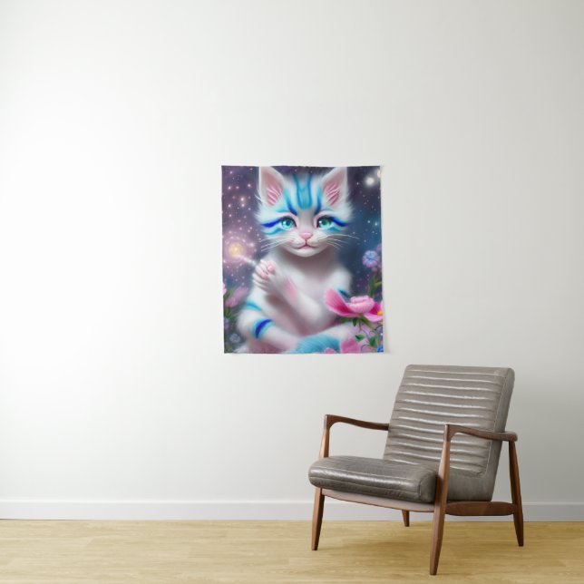 Cute Kawaii baby striped pink and blue cat kitten  Tapestry (In Situ)