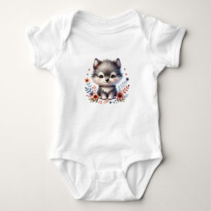 Cute Kawaii Baby Wolf with Flowers Bodysuit