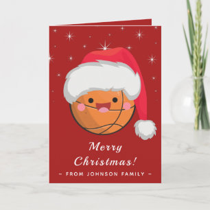 Cute Kawaii Basketball Ball Red & Sparkly Xmas Fun Card